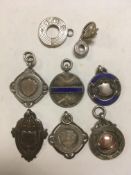 A SELECTION OF MAINLY SILVER FOBS (6), ETC.