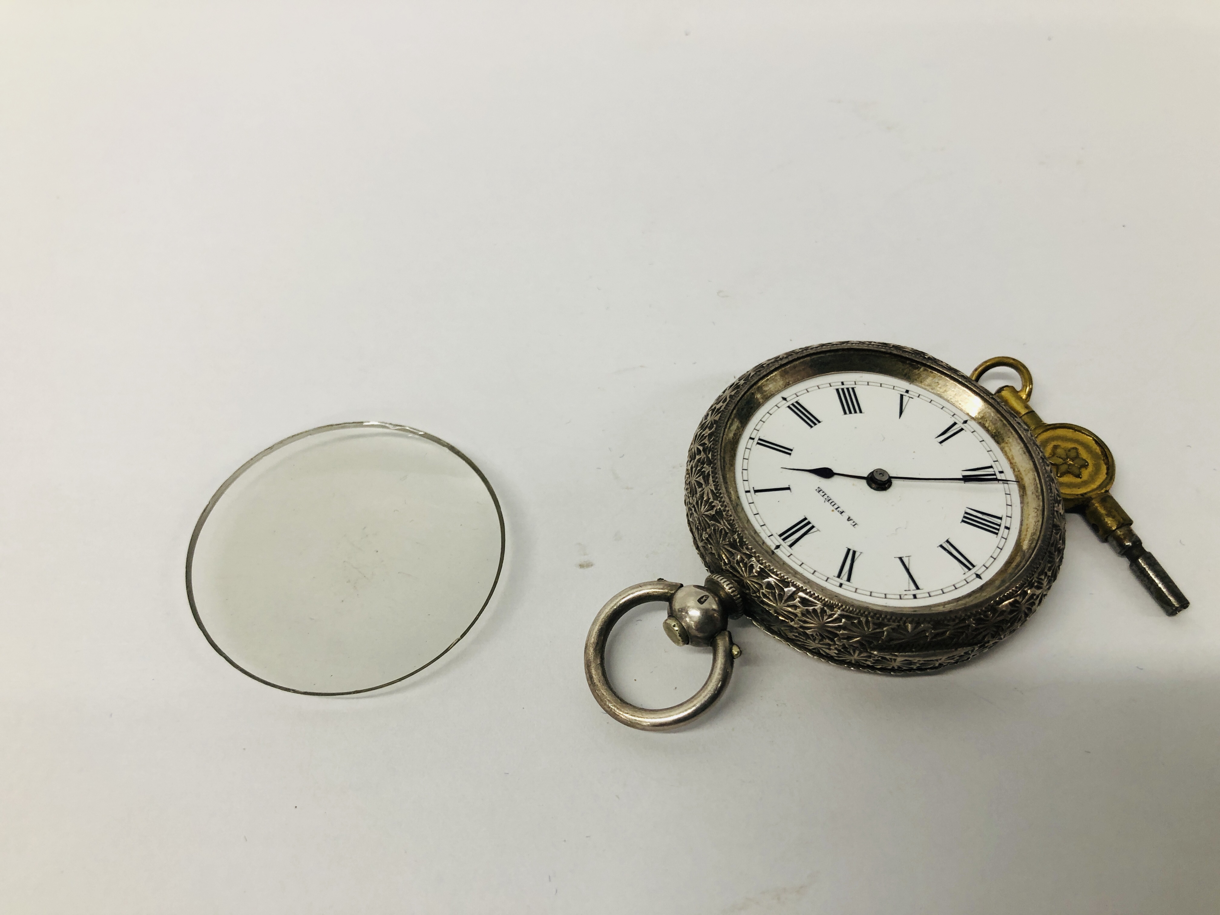 VINTAGE ORNATE SILVER POCKET WATCH MARKED "LA FIDELE", ENAMELLED DIAL AND WINDER / KEY. - Image 6 of 9