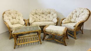 A BAMBOO CONSERVATORY SUITE COMPRISING OF A TWO SEATER SOFA, TWO ARMCHAIRS,