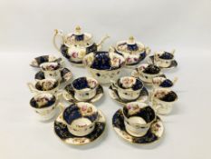 22 PIECES OF 19th CENTURY ENGLISH TEA SET BLUE, WHITE GILT AND FLORAL DECORATION.