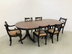 REPRODUCTION MAHOGANY FINISH TWIN PEDESTAL EXTENDING DINING TABLE ALONG WITH FOUR CHAIRS AND TWO