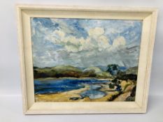 GEORGE KELLY OIL ON BOARD "LOCH KILLISPORT ON THE SOUND OF JURA" FRAMED AND MOUNTED.