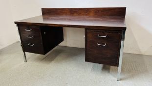 1960's KNEEHOLE DESK BY LUCAS FURNITURE FITTED WITH TWO SLIDING TRAYS AND FIVE DRAWERS ON CHROMED