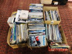 FIVE BOXES OF ASSORTED AVIATION RELATED MAGAZINES ETC + BOX OF VIDEOS AND DVDS.