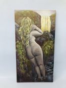 A KRYS LEACH OIL ON CANVAS "GOLDEN FALLS" WIDTH 32CM. HEIGHT 61CM.