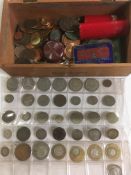 SMALL BOX MIXED COINS, A FEW SILVER, MARIA THERESA ON RING MOUNT, IMITATION SPADE GUINEA (4),