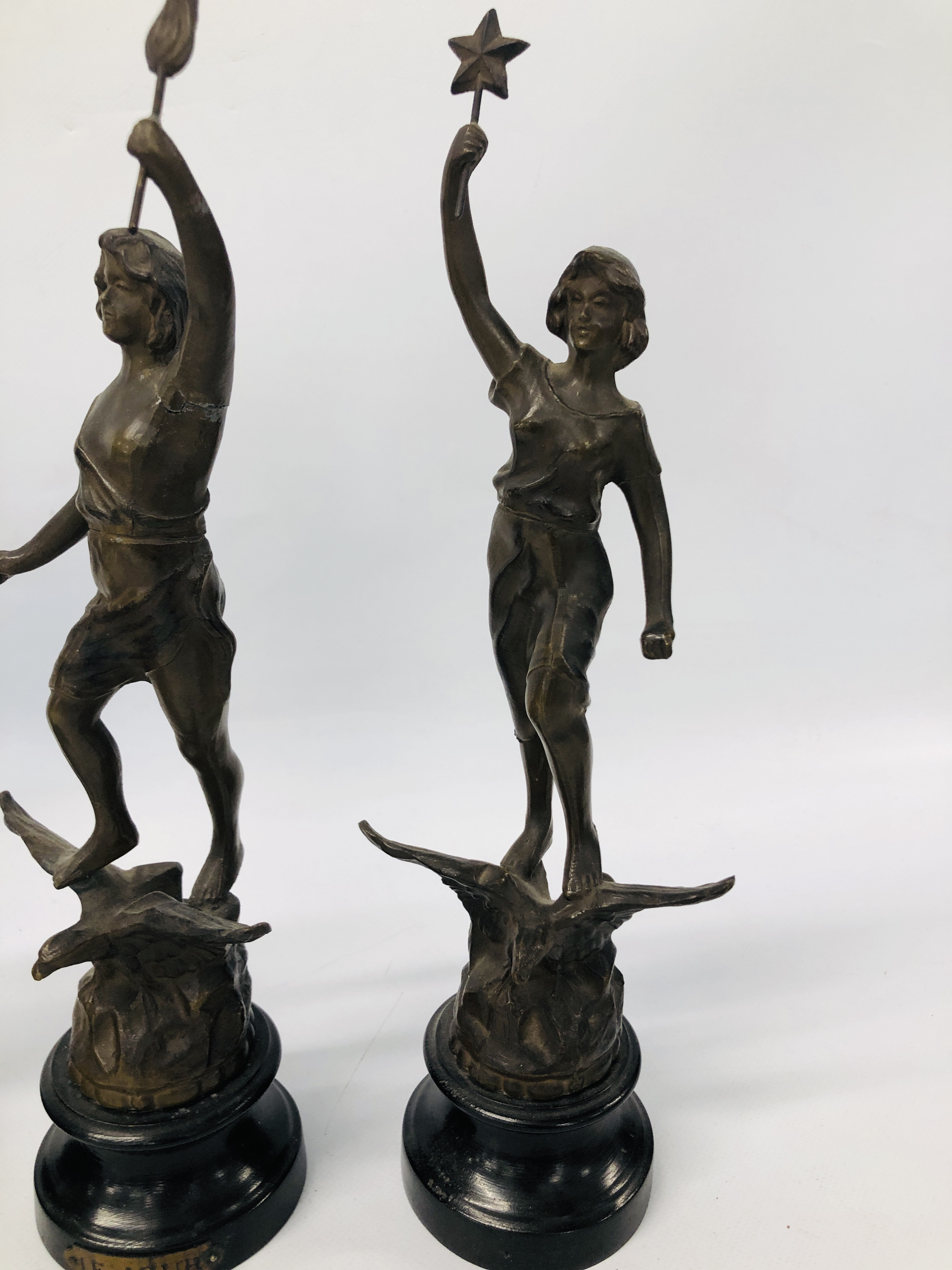 A PAIR OF SPELTER BRONZE FINISH FIGURES BALANCED ON EAGLES SUPPORTING STARS AND FLAME, A/F TO ARM, - Image 5 of 10