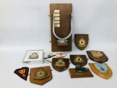 SIX MILITARY MOUNTED SHIELD PLAQUES ALONG WITH FLYCLUB TROPHY.