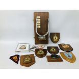 SIX MILITARY MOUNTED SHIELD PLAQUES ALONG WITH FLYCLUB TROPHY.