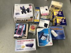 BOX OF ELECTRICALS TO INCLUDE UNI-T MULTI METER, DISTRIBUTION AMP, SOLDERING IRON,