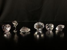 SIX BOXED SWAROVSKI CRYSTAL CABINET ORNAMENTS TO INCLUDE LOVE HEARTS, THREE BALLOONS ON STAND,