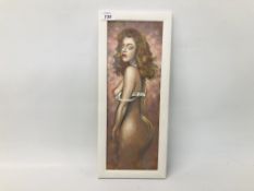 A KRYS LEACH OIL ON BOARD FRAMED "STRAP HANGING" WIDTH 13.5CM. HEIGHT 39CM.