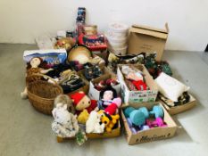 12 X BOXES OF ASSORTED XMAS DECORATIONS AND ORNAMENTS, SOFT TOYS, CLOTHING, LINEN AND HATS,