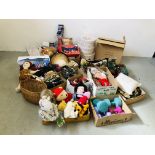 12 X BOXES OF ASSORTED XMAS DECORATIONS AND ORNAMENTS, SOFT TOYS, CLOTHING, LINEN AND HATS,