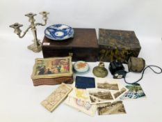 A COLLECTION OF COLLECTIBLES TO INCLUDE WRITING BOX A/F CONTAINING MARBLES, AUTOGRAPH BOOK,