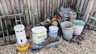 COLLECTIBLES TO INCLUDE 2 VINTAGE GALVANISED BUCKETS, 2 ENAMELLED,