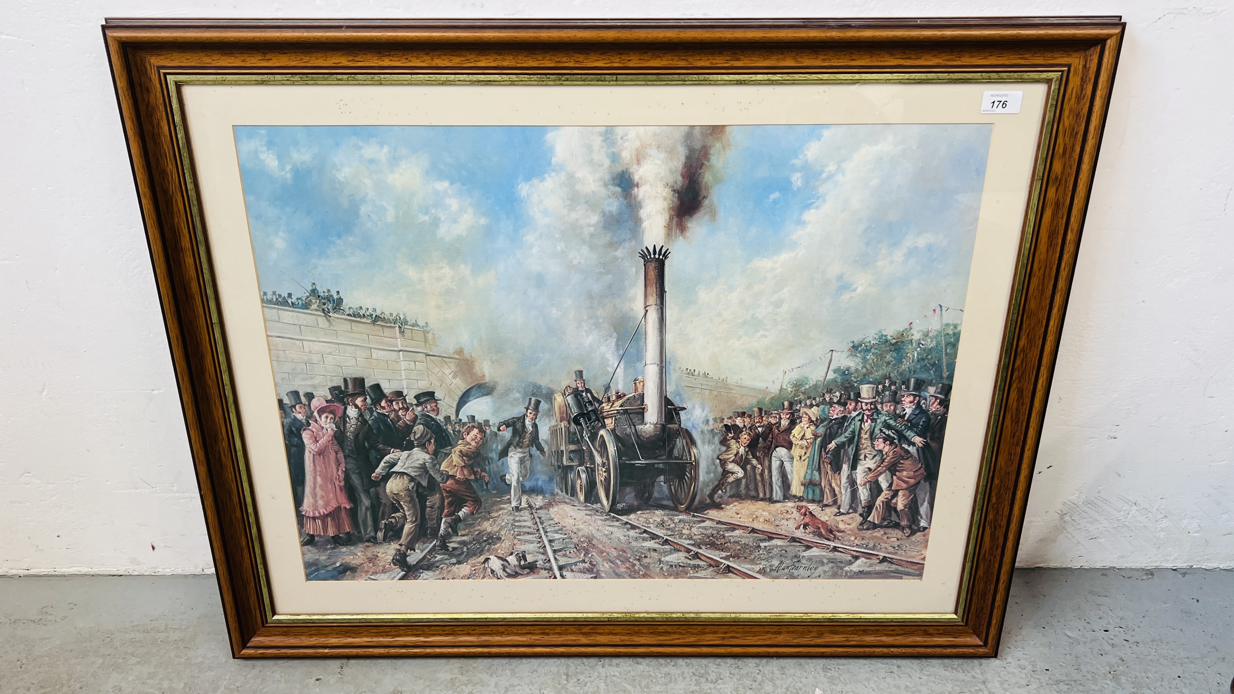 A PRINT AFTER ALAN FEARNLEY, OF A ROCKET STEAM ENGINE 55 X 75CM.