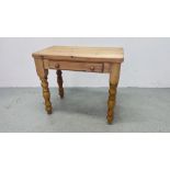A HEAVY SOLID PINE SIDE TABLE WITH DRAWER W 91CM, D 50CM.