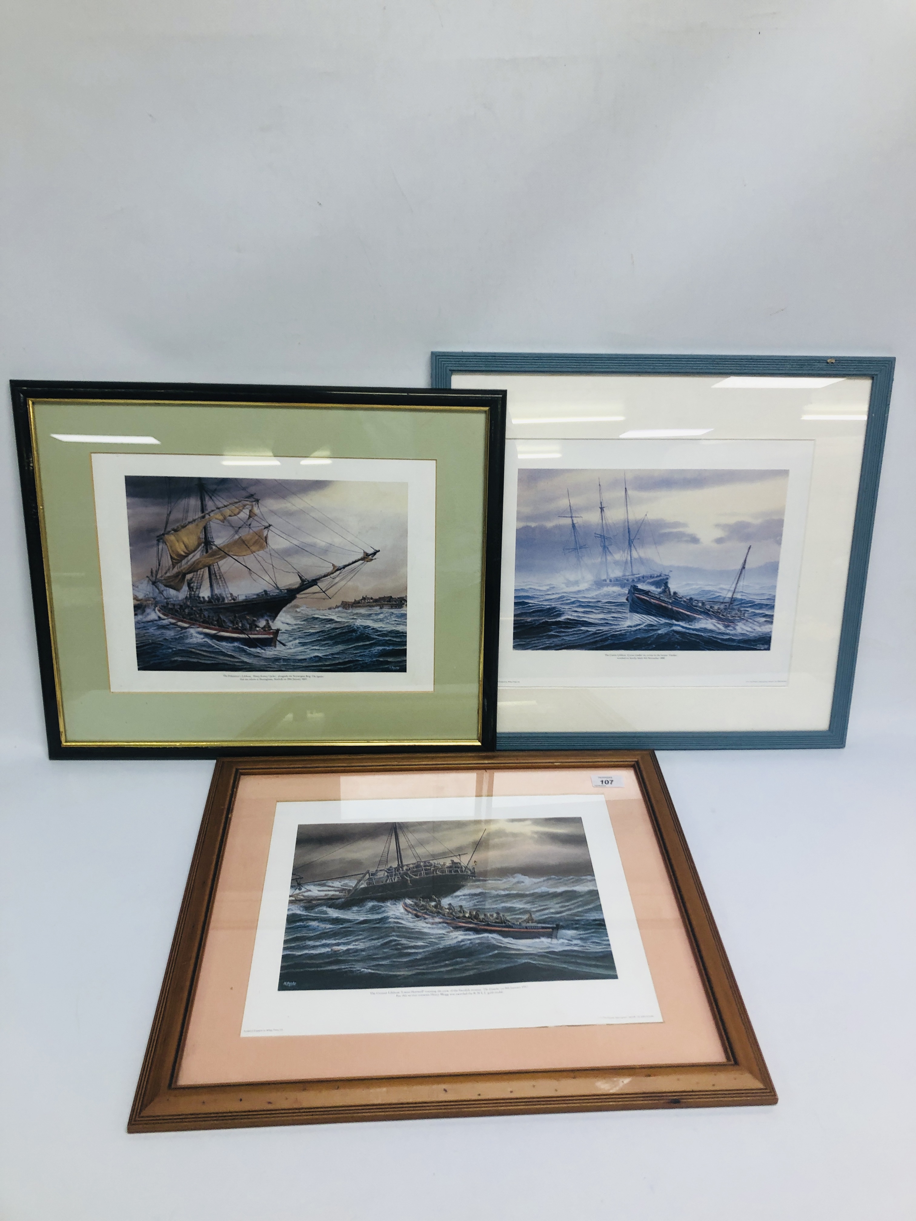 THREE FRAMED MICK BENSLEY NORFOLK LIFEBOAT RESCUE SCENES - SHERINGHAM, CAISTER, CROMER EACH 22.