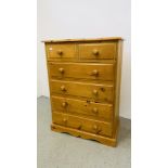 A SOLID PINE TWO OVER FOUR CHEST OF DRAWERS W 85CM, D 43CM, H 117CM.
