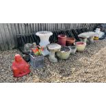 A COLLECTION OF DECORATIVE GARDEN EFFECTS TO INCLUDE PLANTERS, BIRD BATH, URN, BUDDAH,