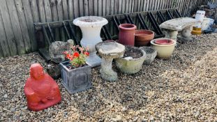 A COLLECTION OF DECORATIVE GARDEN EFFECTS TO INCLUDE PLANTERS, BIRD BATH, URN, BUDDAH,