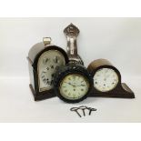 AN OAK WALL CLOCK WITH ROPE DETAILING, A 1930'S OAK WESTMINSTER CHIMING MANTEL CLOCK,