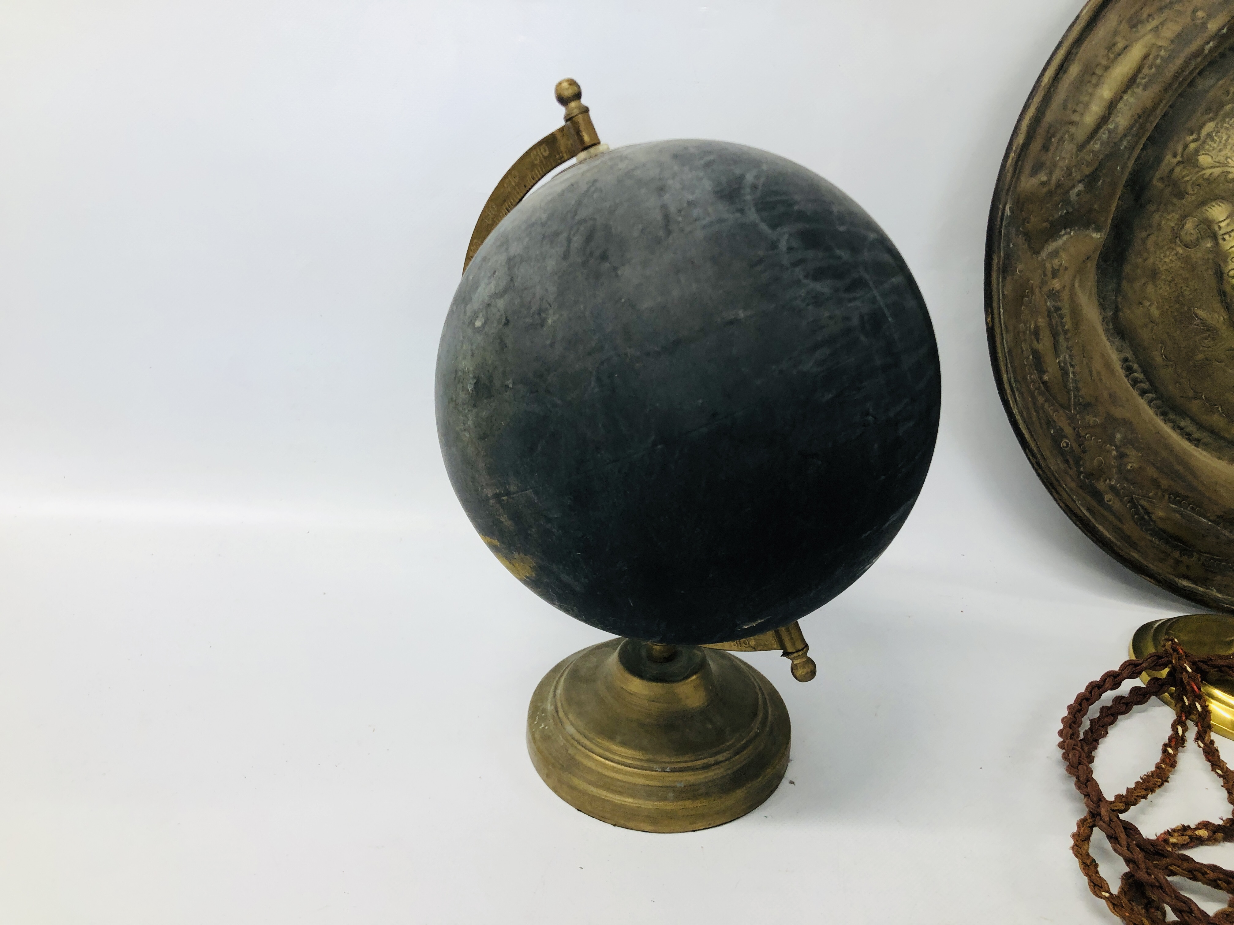 A VINTAGE BRASS FRAMED CHALK GLOBE, A PAIR OF BRASS BARLEY TWIST CANDLESTICKS, - Image 8 of 12