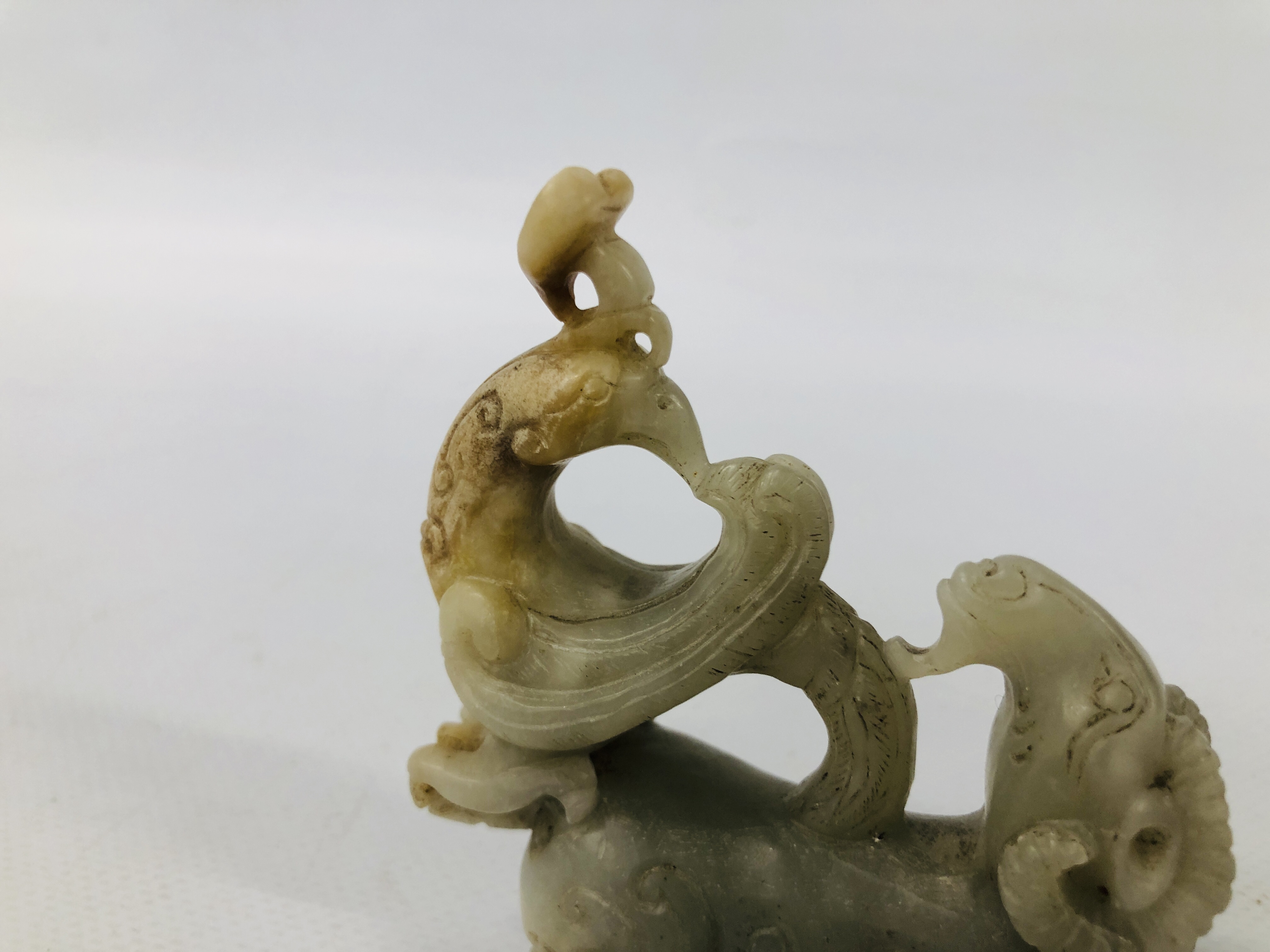 CHINESE CARVED HARDSTONE (POSSIBLY JADE) GROUP OF A PHOENIX AND RAM L 8CM X H 8.5CM. - Image 2 of 7