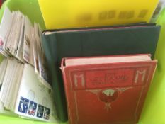 GREEN PLASTIC TUB STAMP COLLECTION IN FIVE VOLUMES, MUCH COMMONWEALTH, GB FIRST DAY COVERS,