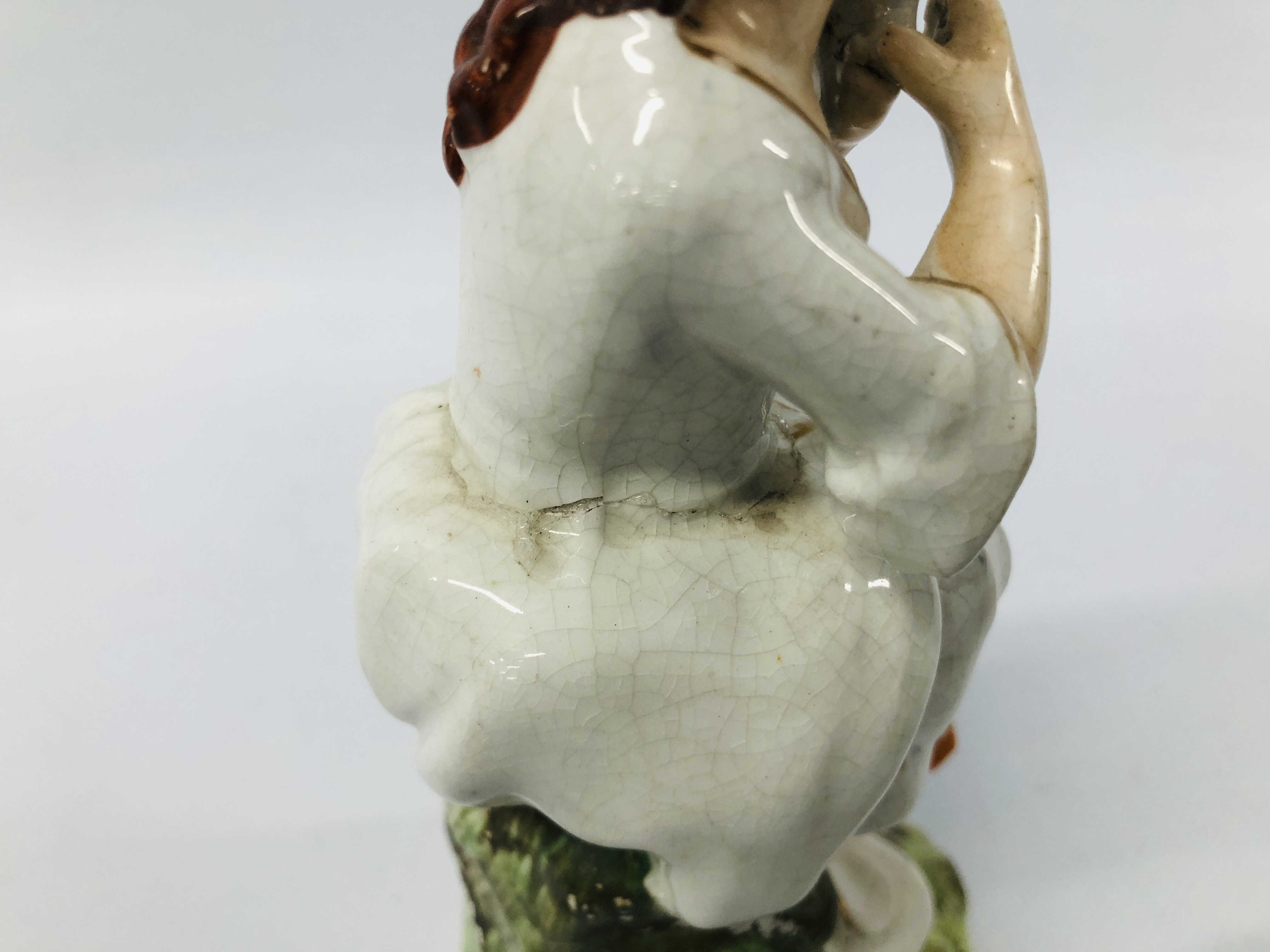 A PAIR OF STAFFORDSHIRE FIGURES A SEATED GIRL AND BOY (FOOT A/F HAIRLINE CRACK TO KNEE) EXTENSIVE - Image 10 of 14