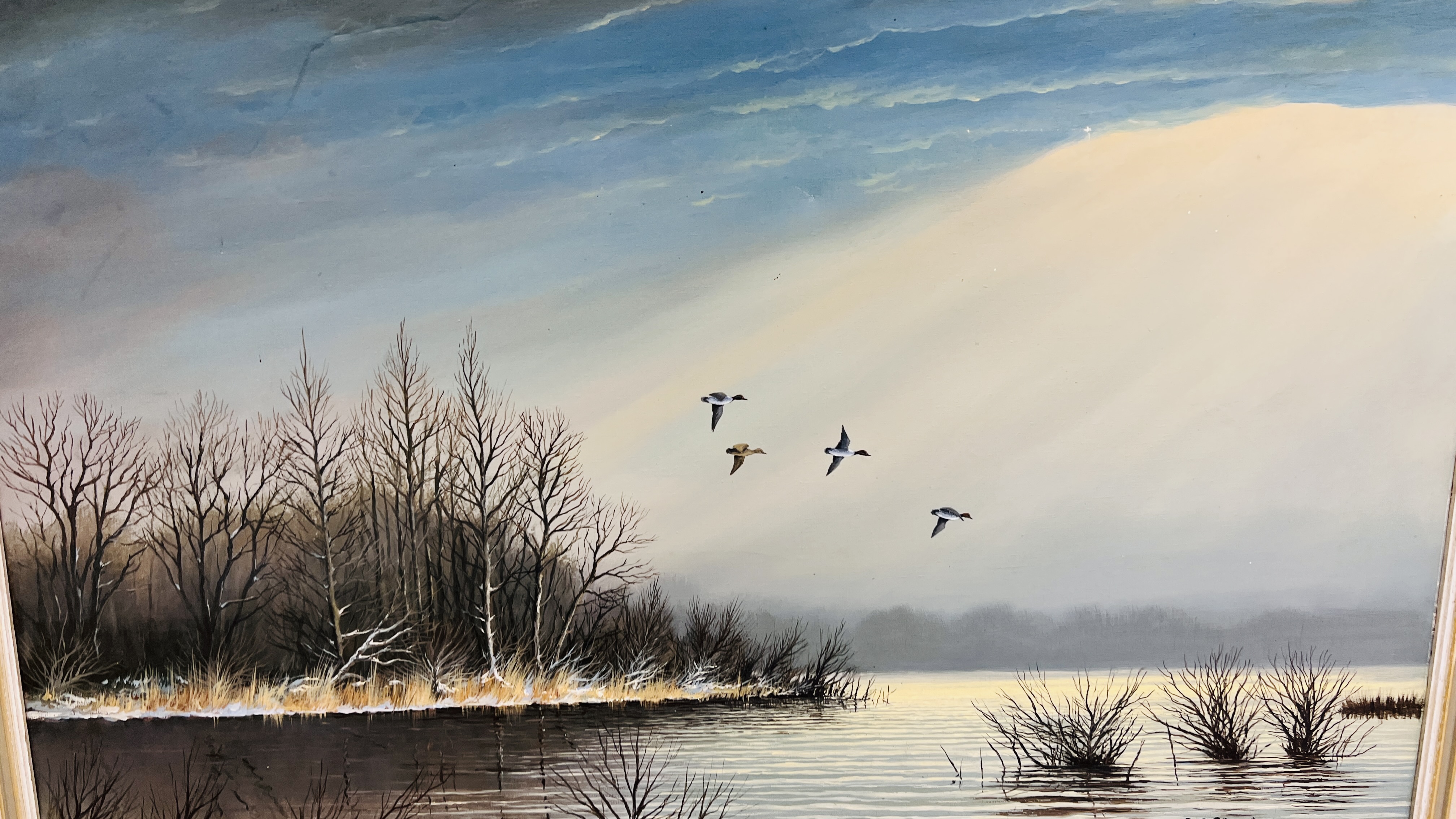 OIL ON CANVAS OF "GEESE OVER WATER" S.F. - Image 6 of 7