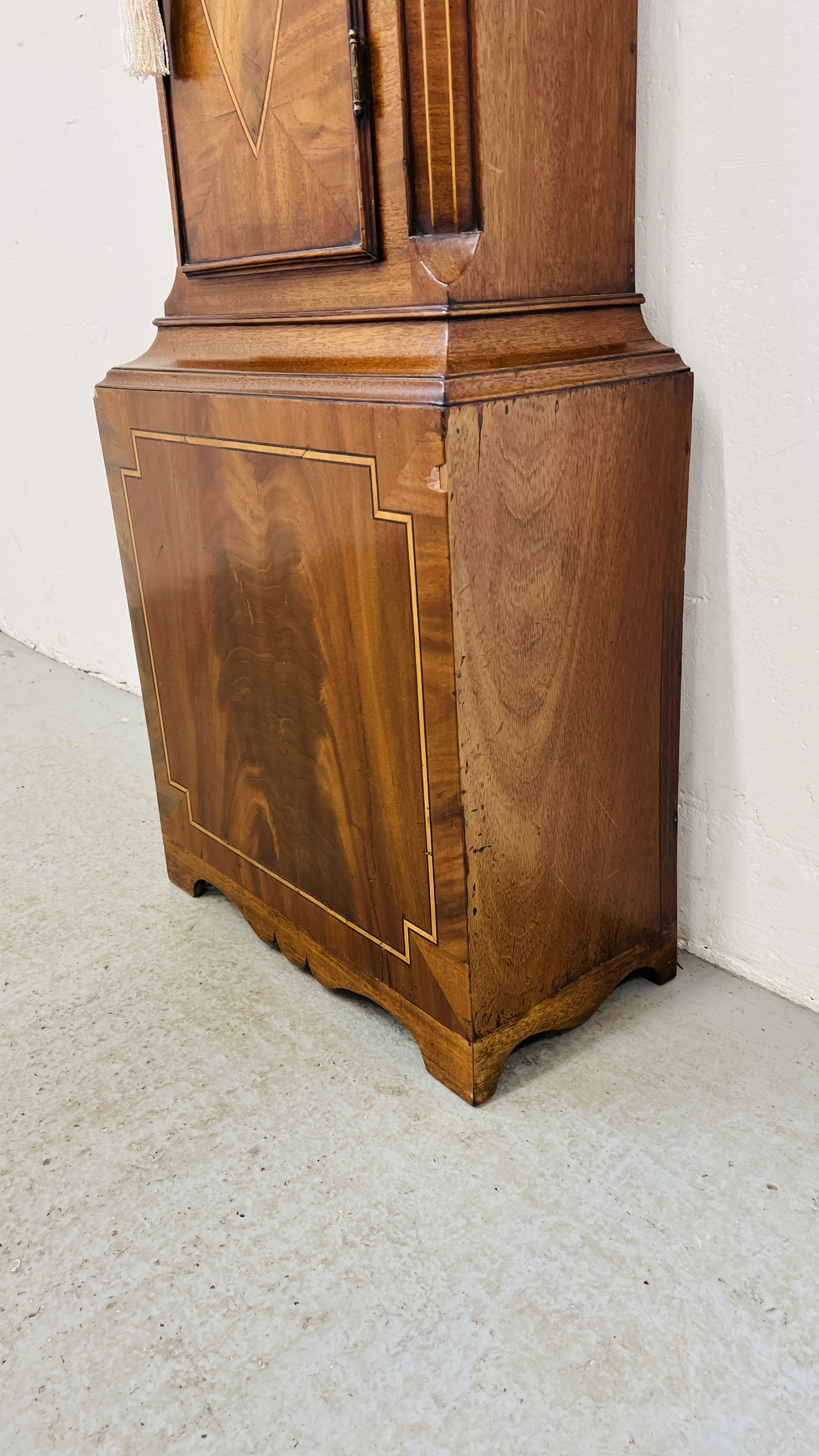 AN INLAID MAHOGANY GRANDFATHER CLOCK WITH JOSEPH LUM FACE COMPLETE WITH KEY AND PENDULUM - Image 8 of 14