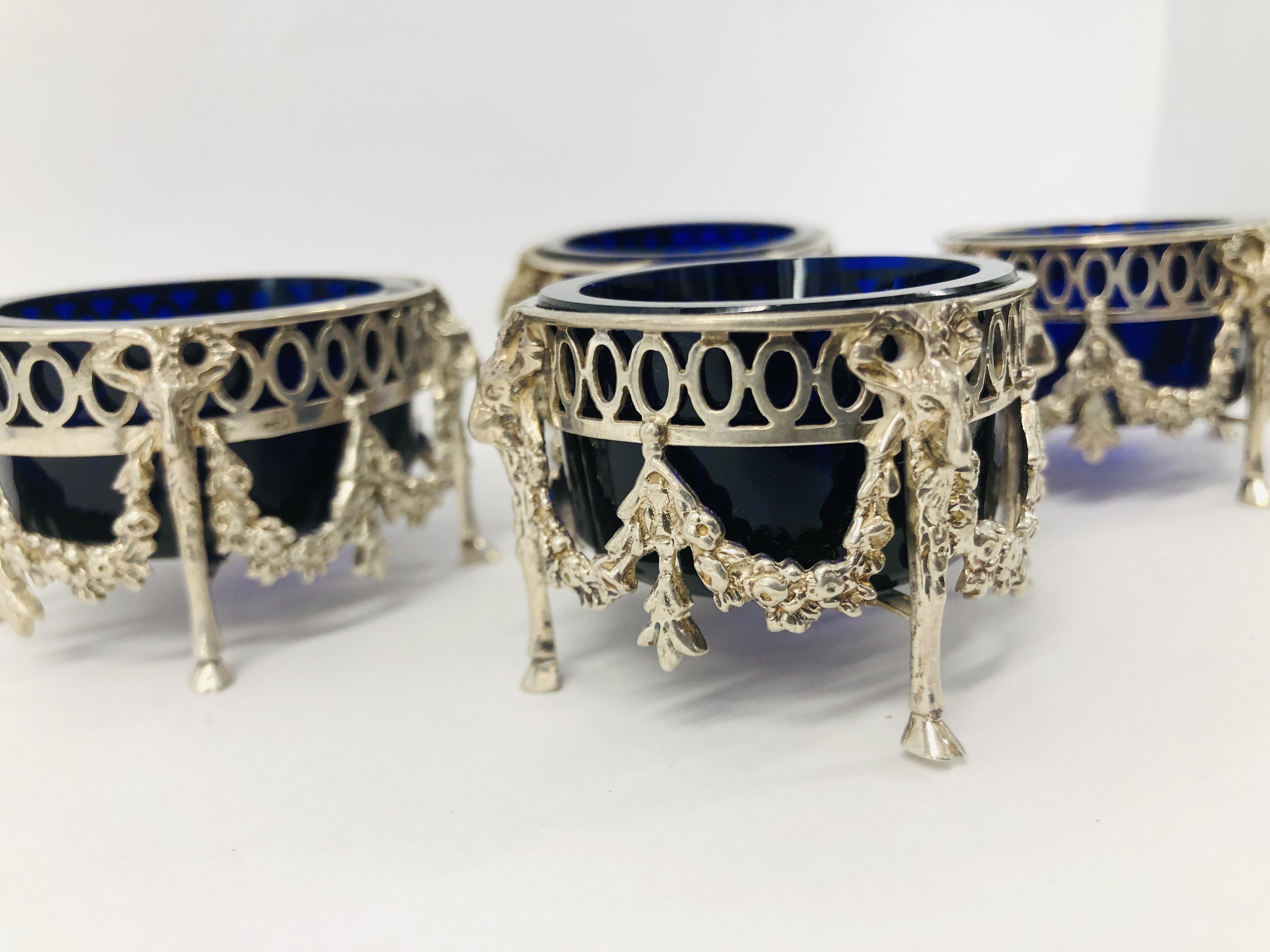 FOUR DUTCH SILVER SALTS WITH BLUE GLASS LINERS (ONE LINER A/F) - Image 2 of 17