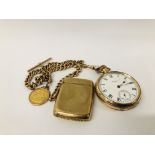 A WALTHAM GOLD PLATED POCKET WATCH ON 9CT GOLD WATCH CHAIN WITH A GEORGE V 1913 FULL SOVEREIGN COIN