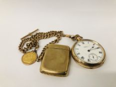 A WALTHAM GOLD PLATED POCKET WATCH ON 9CT GOLD WATCH CHAIN WITH A GEORGE V 1913 FULL SOVEREIGN COIN