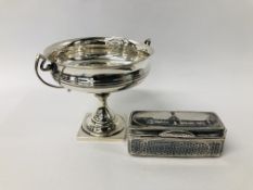 A MINATURE SILVER TAZA, BIRMINGHAM ASSAY ALONG WITH A SMALL WHITE METAL GILT LINED SNUFF / PILL BOX.