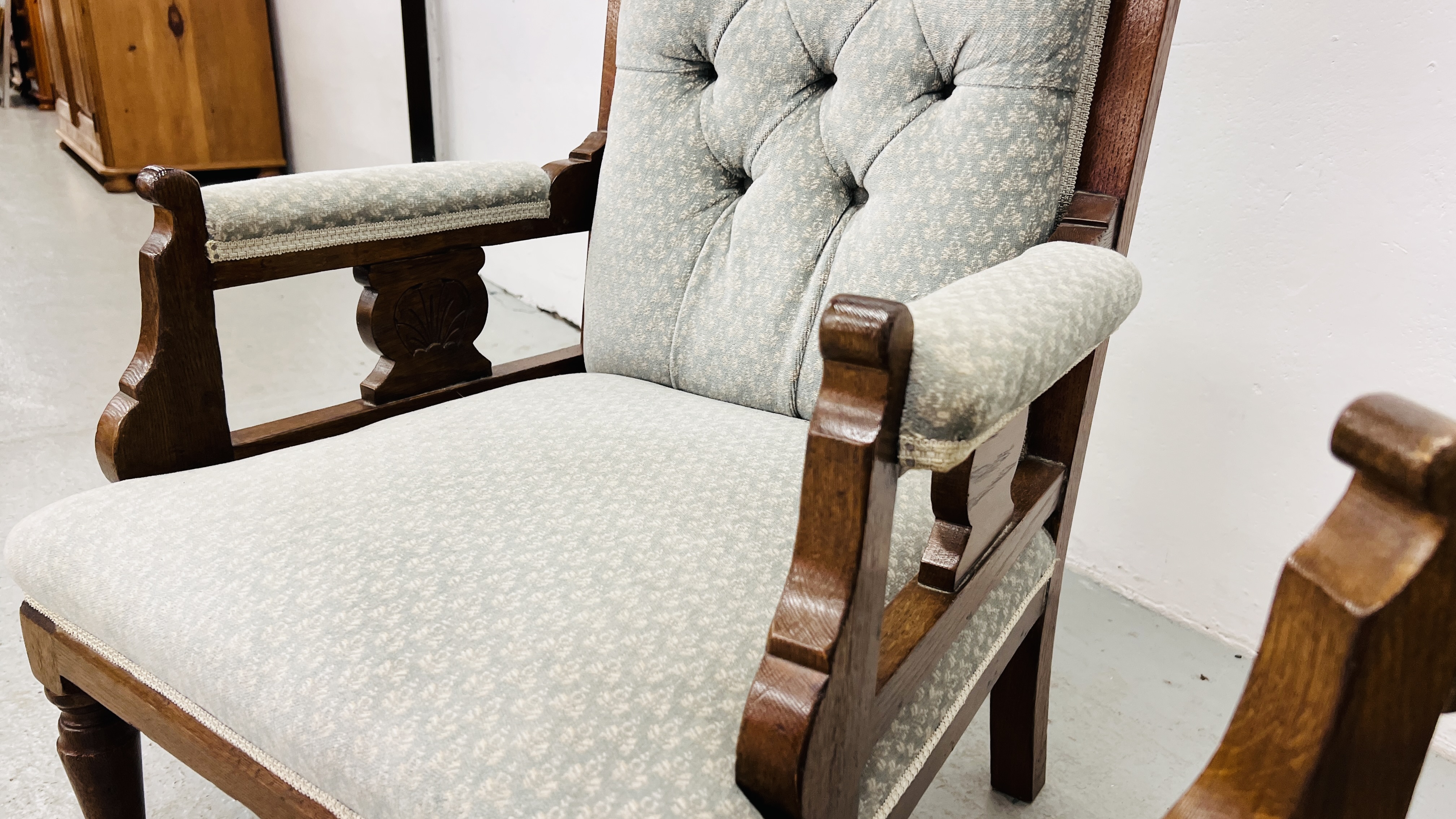 A PAIR OF EDWARDIAN OAK LOW SEAT CHAIRS UPHOLSTERED IN PASTEL BLUE - Image 9 of 11