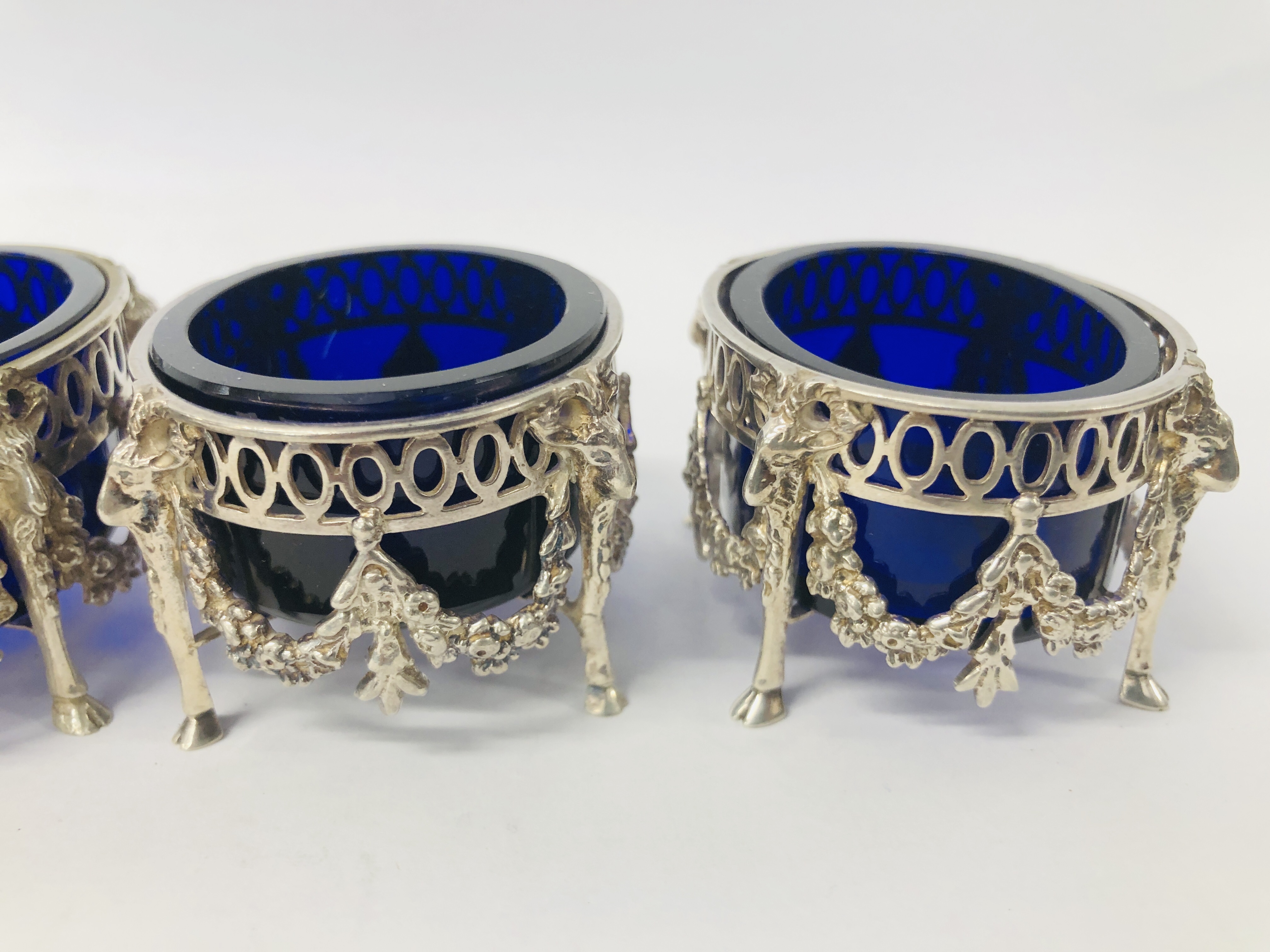 FOUR DUTCH SILVER SALTS WITH BLUE GLASS LINERS (ONE LINER A/F) - Image 6 of 17