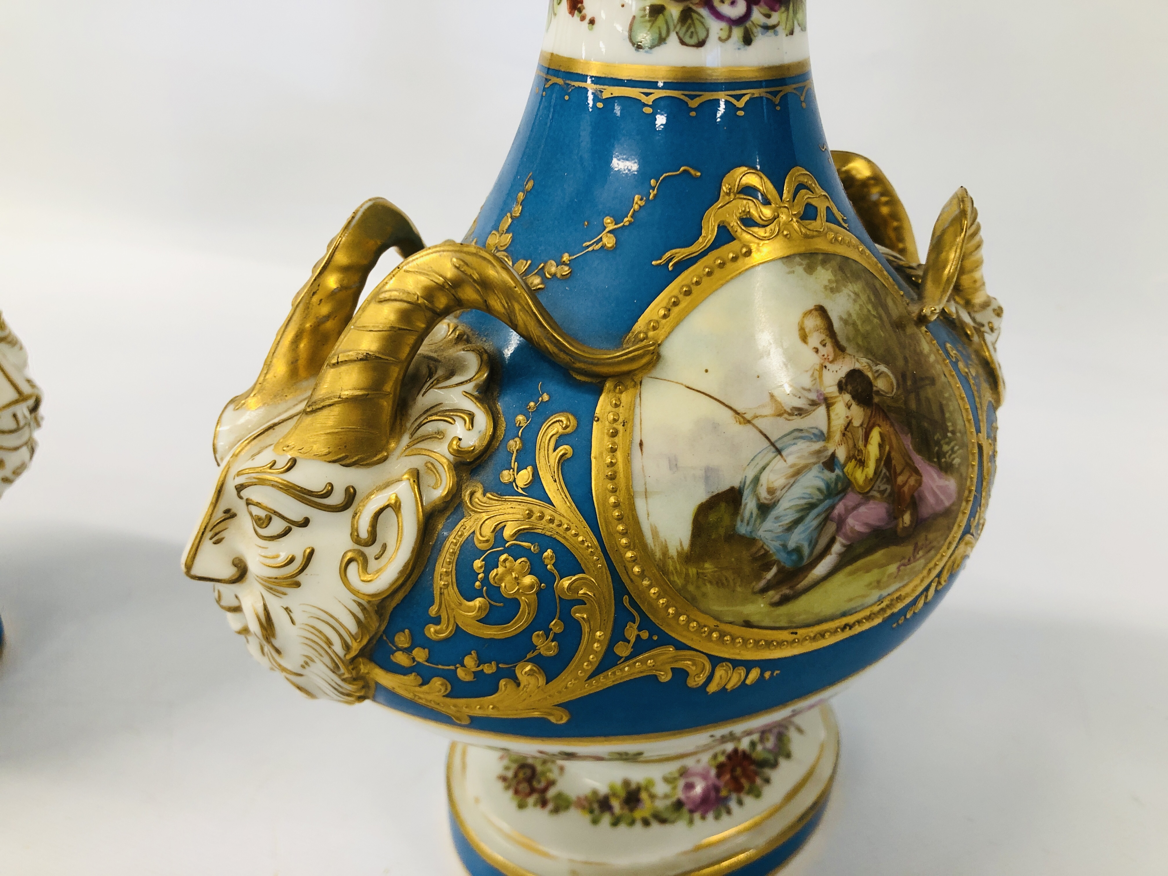 A PAIR OF C19TH SÉVRES COVERED VASES WITH RAM'S HEAD HANDLES, DECORATED WITH OVAL PANELS, - Image 8 of 27