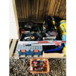 AN ASSORTMENT OF SHED SUNDRIES TO INCLUDE TOUGH BUILT BAG, RULES, ADJUSTABLE SPANNERS, WRENCHES,