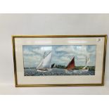 A WATERCOLOUR OF LOCAL BROADLAND SCENE OF SAILING BOATS ALAN KING 22.5CM. X 52.5CM.