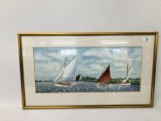 A WATERCOLOUR OF LOCAL BROADLAND SCENE OF SAILING BOATS ALAN KING 22.5CM. X 52.5CM.