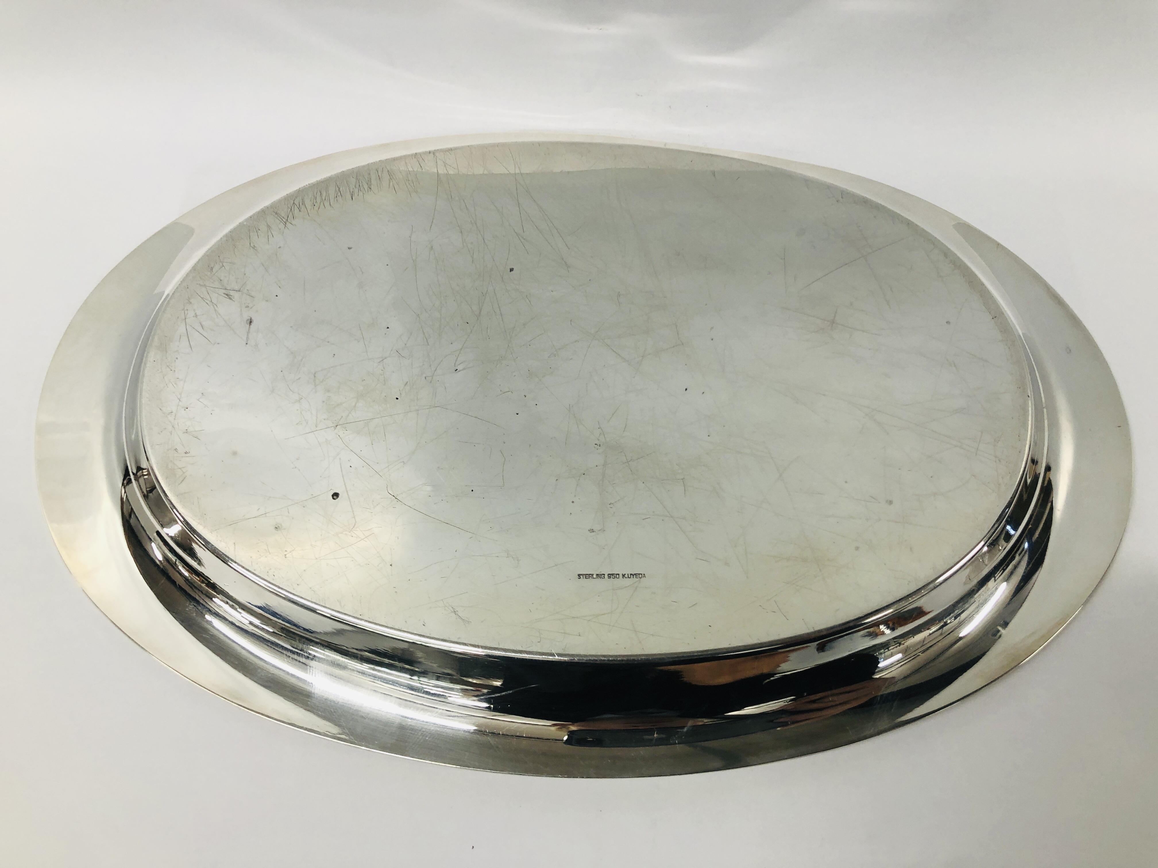 A STERLING SILVER OVAL TRAY WITH PRESENTATION INSCRIPTION AND SIGNATURES. - Image 7 of 9