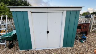 A METAL GARDEN STORAGE SHED WITH SLIDING DOORS WIDTH 252CM. DEPTH 120CM. HEIGHT 172CM.