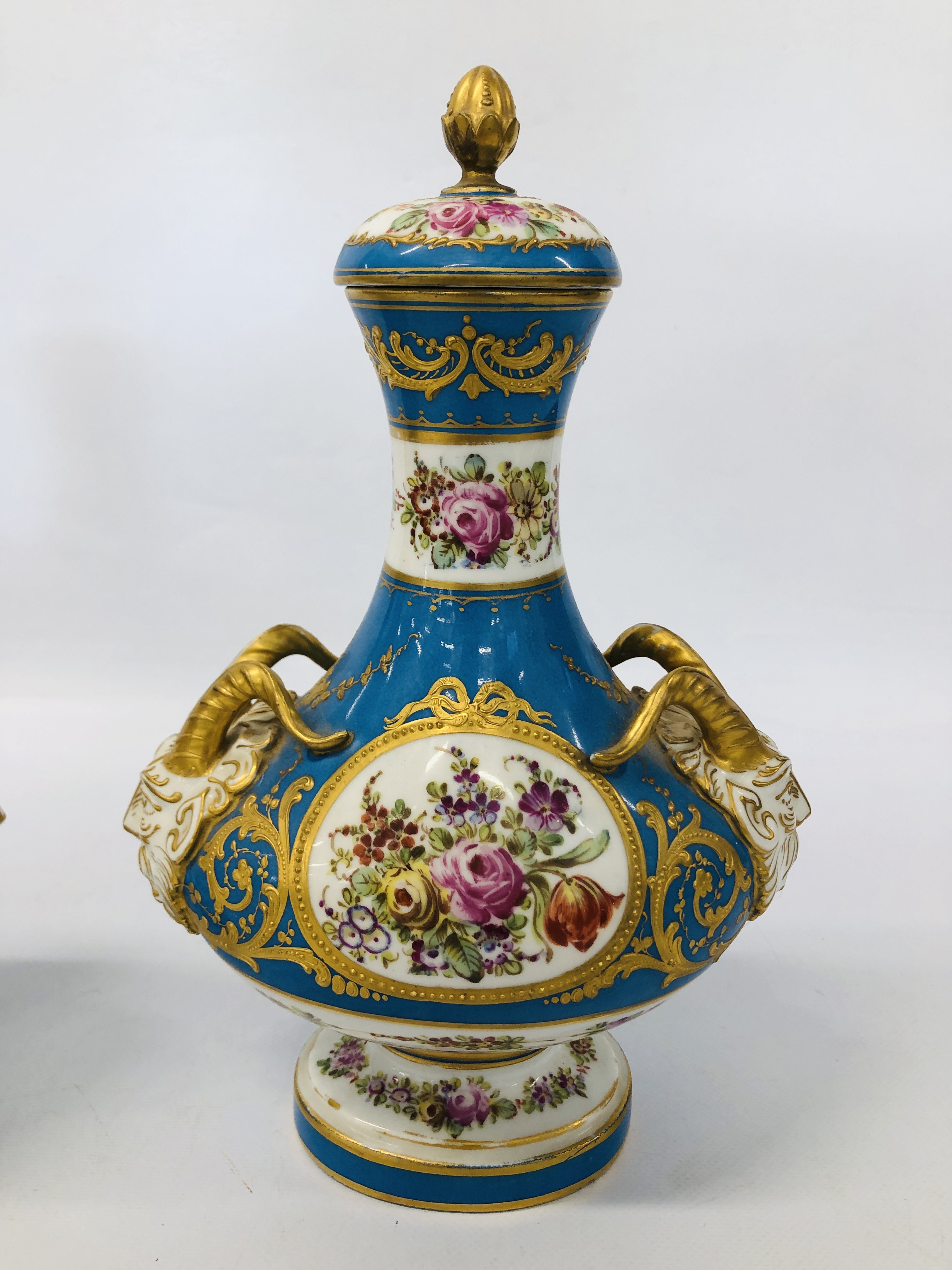 A PAIR OF C19TH SÉVRES COVERED VASES WITH RAM'S HEAD HANDLES, DECORATED WITH OVAL PANELS, - Image 2 of 27