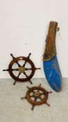 TWO REPRODUCTION HARDWOOD SHIPS WHEELS WITH BRASS BOSS,