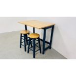 A DROP FLAP BREAKFAST TABLE WITH SOLID BEECHWOOD TOP AND TWO MATCHING STOOLS (BLUE PAINTED LEGS) W