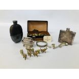 A LEATHERED BOX CONTAINING VARIOUS BUTTONS, CUFF LINKS TO INCLUDE ROLLS ROYCE, BOSSONS WHISTLE,