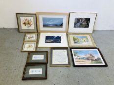 A GROUP OF ELEVEN VARIOUS FRAMED PRINTS TO INCLUDE PROFESSIONAL PHOTOGRAPHS, FLORAL STUDIES,